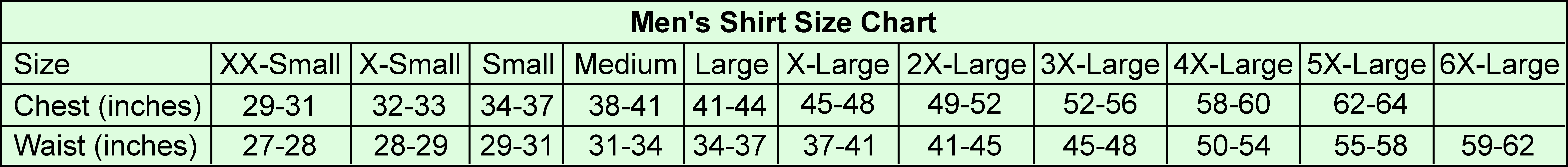 Men's shirt size chart