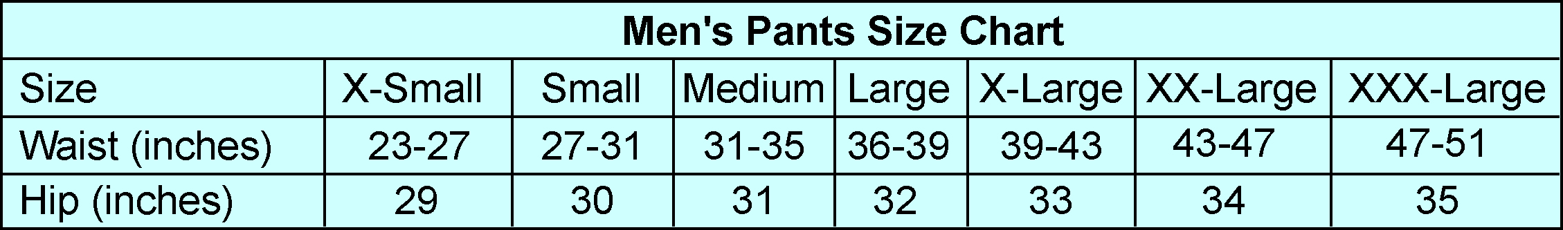 Size Chart Of Men S