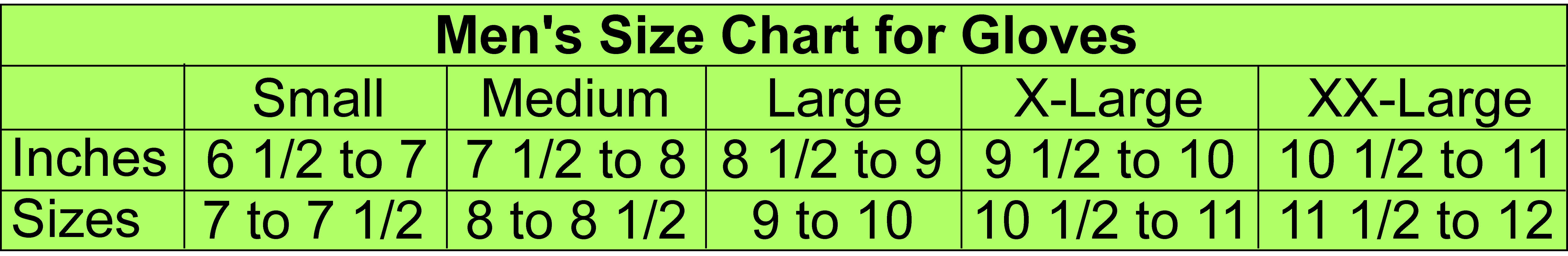 Size chart for men's gloves